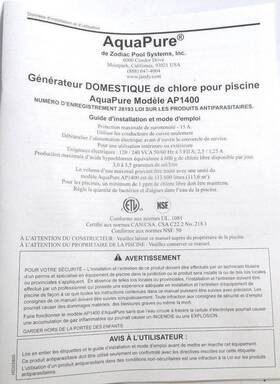Ap1400 Aquapure G N Rateur Guide Dftinstallation Et Mode Dftemploi French Lenguage