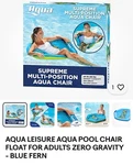 Aqua Zero Gravity Inflatable Comfort Swimming Pool Chair Lounge Float, Blue Fern. Fixed Price $20.00.