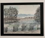 Vintage Watercolor Of Fence Trees, Hills And. Fixed Price $45.00.